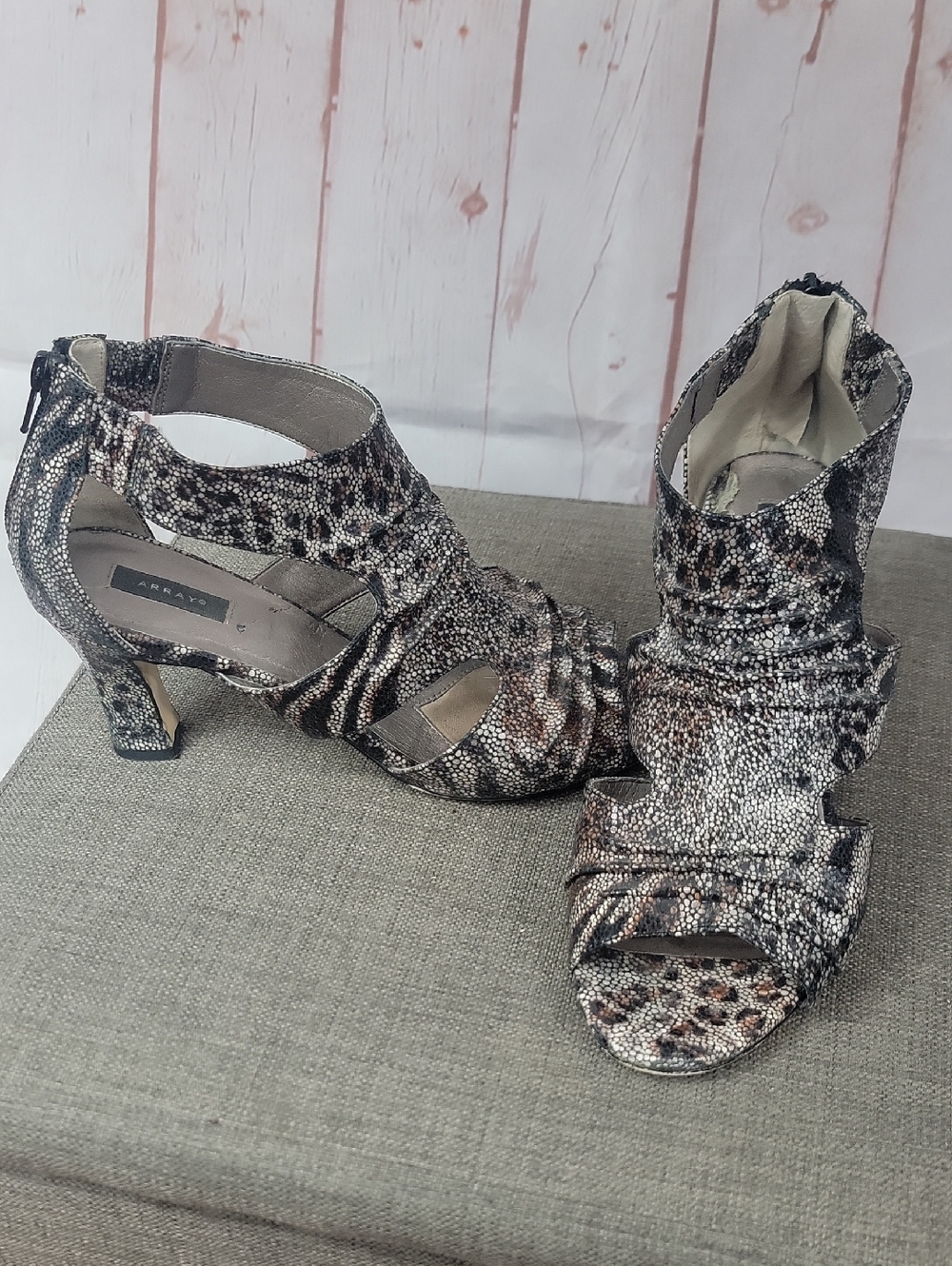 Array Women's Snake-Print Peep-Toe Heels in Black and Brown Tones